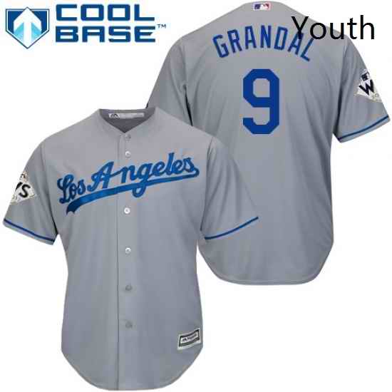 Youth Majestic Los Angeles Dodgers 9 Yasmani Grandal Replica Grey Road 2017 World Series Bound Cool Base MLB Jersey